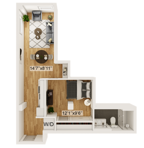Floor plan for 1 bed, 1 bath, 550 sqft